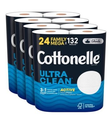 Cottonelle Ultra Clean Toilet Paper with Active CleaningRipples Texture. Strong Bath Tissue. 24 Family Mega Rolls (24 Family Mega Rolls = 132 Regular Rolls). 388 Sheets per Roll. Packaging May Vary