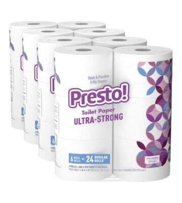 Amazon Brand ?C Presto! 308-Sheet Mega Roll Toilet Paper. Ultra-Strong. 6 Count (Pack of 4). 24 Count = 96 Regular Rolls